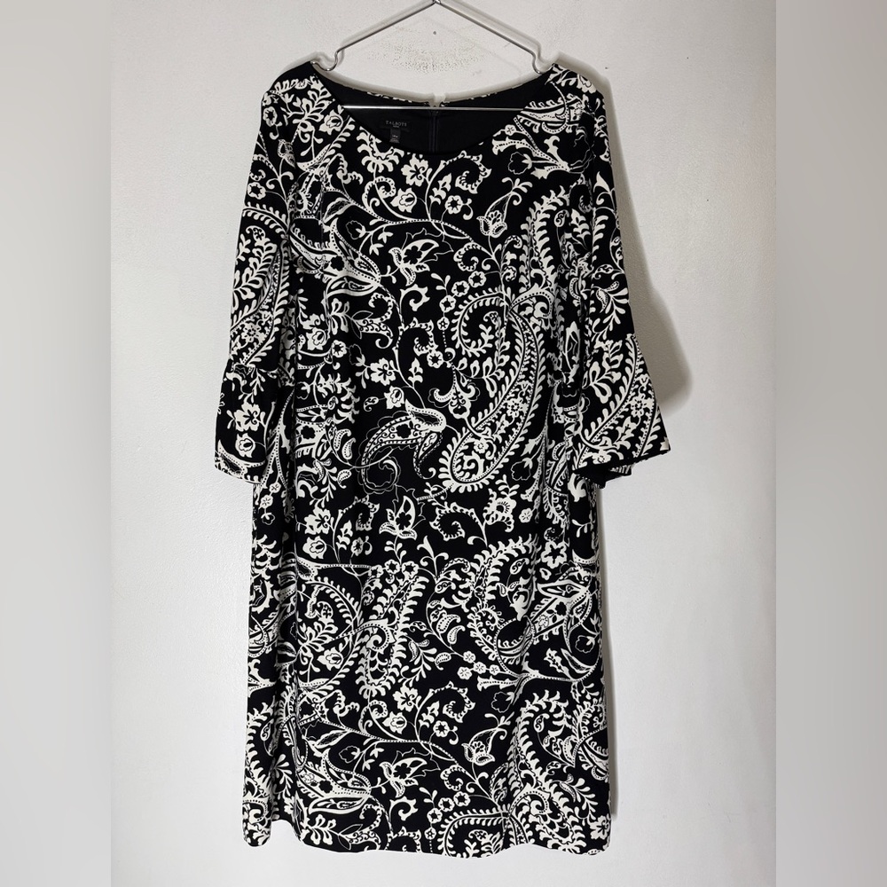 Talbots Paisley Crepe Shift Dress Women’s‎ Bell Sleeves Black and White Sz 14W